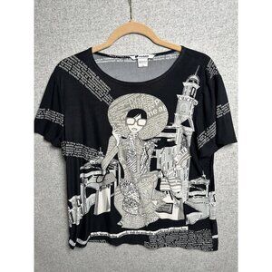 Vintage Nygard Collection Large Womens Top Art Graphic City Black Short Sleeve